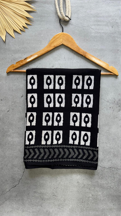 Soft Block Printed  Mulmul Cotton Saree (BLACK & WHITE)