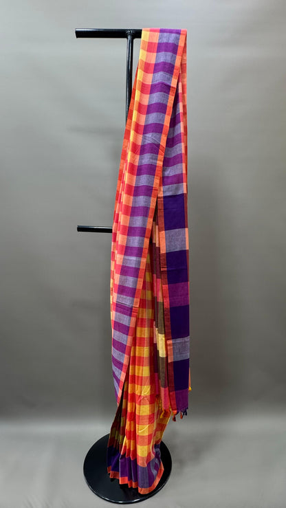 Premium Handwoven Soft Silk Checks Jamdani Saree (YELLOW & ORANGE)