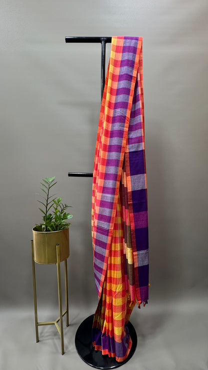 Premium Handwoven Soft Silk Checks Jamdani Saree (YELLOW & ORANGE)
