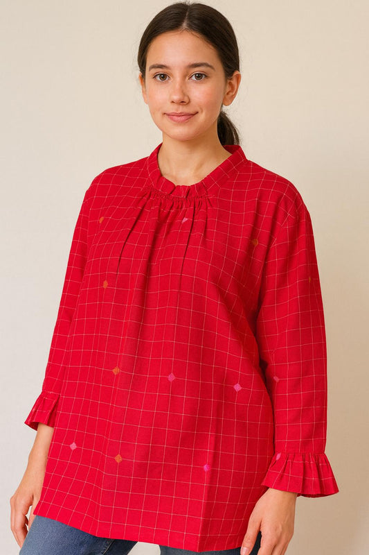 Handspun Cotton Jamdani Tunic (ELECTRIC RED)
