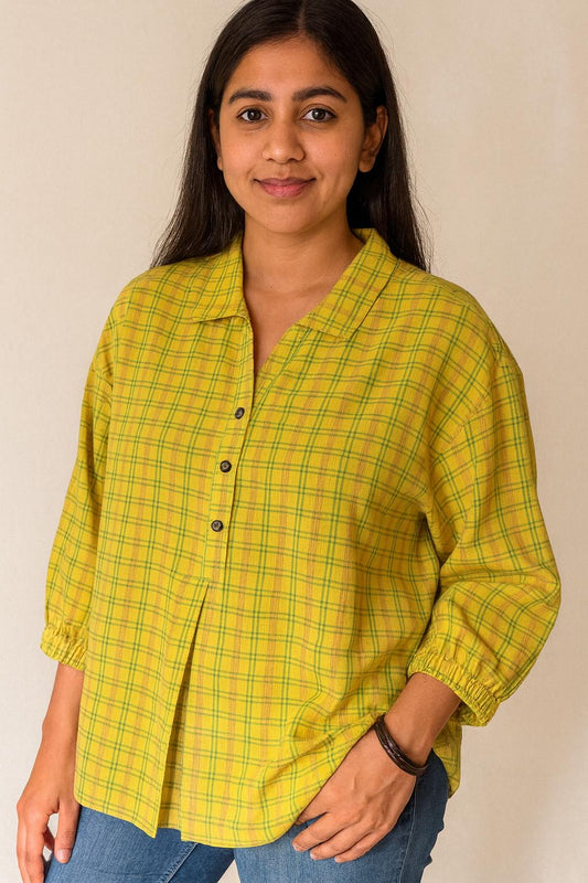 Handwoven Cotton Check Shirt for Women (EARTHY YELLOW)