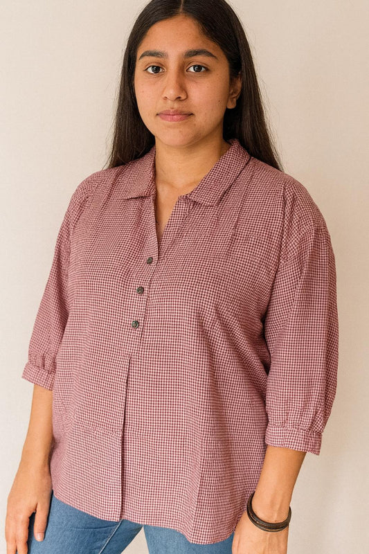 Handwoven Cotton Check Shirt for Women (DEEP MAROON)