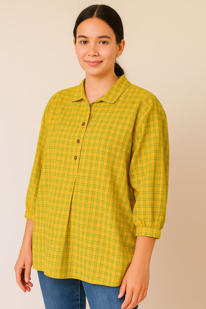 Handwoven Cotton Check Shirt for Women (EARTHY YELLOW)
