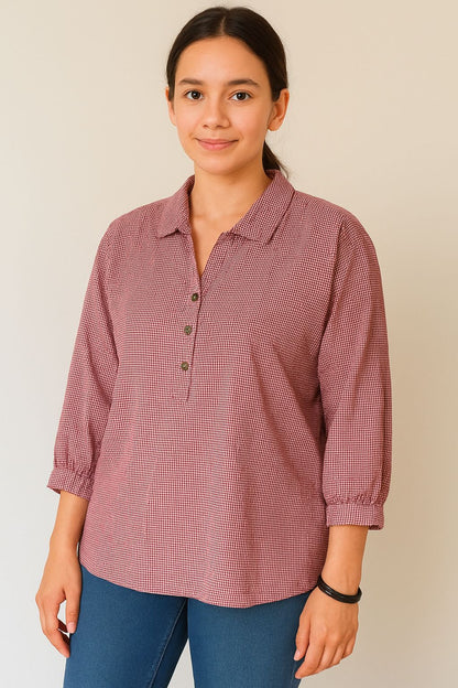 Handwoven Cotton Check Shirt for Women (DEEP MAROON)